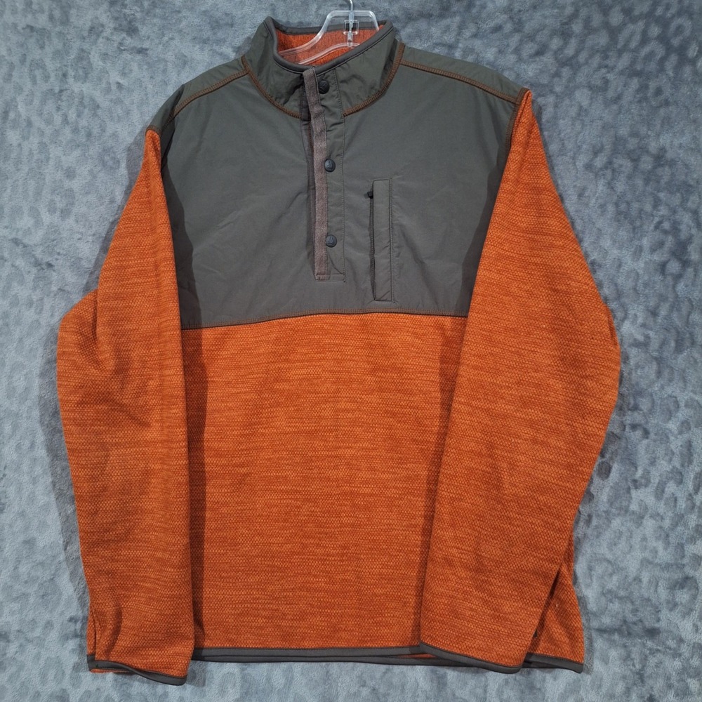 GH Bass & Co Mens L Waffle Knit Quarter Snap Pullover Orange Olive Green Fleece